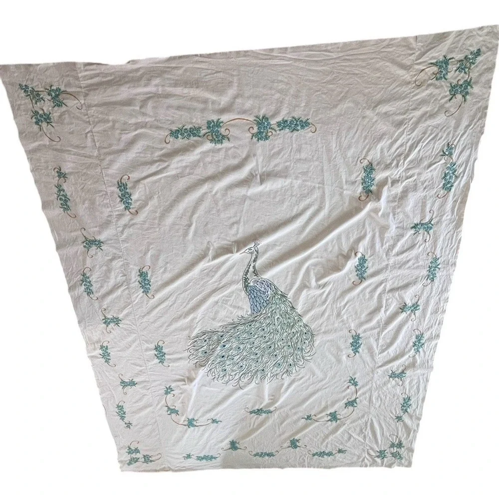 VTG Embroidered Peacock Coverlet Beadspread 78x98